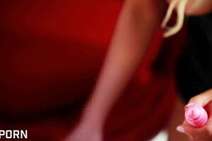 Blonde pornstar masturbates wet pussy with dildo