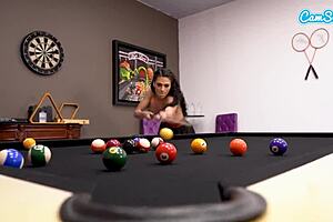 Two teenage babes enjoy fucking on pool table