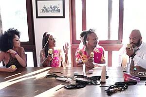 black couple in rio exploring sheer red lingerie