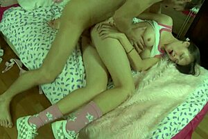 Brunette girl hard fucked in doggystyle and riding with deepthroat.