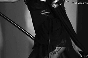 Horny Ebony Witch Teases Herself With Cane In Fishnets And Heels