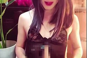 quiet masturbation of a long-haired, elegant crossdresser in a public restroom