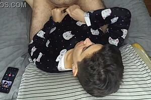 Handjob turns into cum mouthful before bedtime sleep. She swallows every drop with skill.