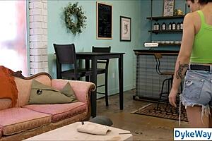 Lesbian customer intensely fucks stuck barista