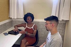 Fucking gym receptionist, licking her ebony pussy.