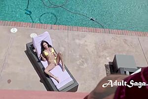 I pranked with vibrator, but it turned into rough blowjob by pool