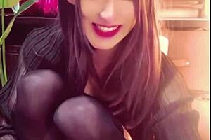 quiet masturbation of a long-haired, elegant crossdresser in a public restroom