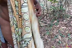 Thick ass ebony bitch fucks boyfriend in the bush.