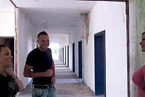 Two mature milfs engage in public threesome at abandoned barracks. They crave huge cocks and natural tits action.