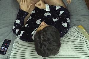 Handjob turns into cum mouthful before bedtime sleep. She swallows every drop with skill.