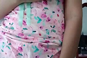 Beautiful Latina Model Poses in Sexy Pink Pajamas Solo