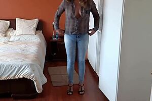 Stepmother Strips Naked and Teases in Jeans Without Panties. See Her Curvy Body Exposed!