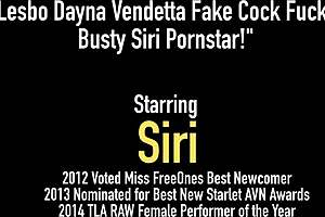 Lesbo Dayna Vendetta fake cock fucks busty Siri pornstar bent over her hairy big ass.