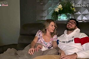 Blonde Submissive Licks Ass and Swallows Cum During Movie Night