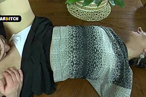 flat chested milf rides dick, bent over in doggystyle, and swallows cum.