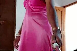 Sexy Indian CD Lara Dsouza in pink satin nighty - Satin Nighties