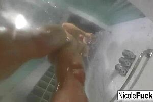 hot pornstar nicole aniston enjoys a long steamy shower, masturbating her big tits and blonde pussy solo