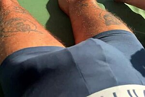 Hot babe gives sloppy handjob on rooftop terrace