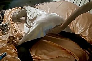 blonde amateur in black corset and satin panties, leather pants off for doggystyle fuck from behind