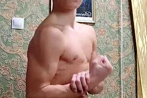 Flexible Skinny Boy Flexes Muscles After Study