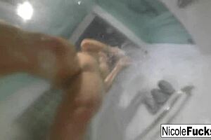 hot pornstar nicole aniston enjoys a long steamy shower, masturbating her big tits and blonde pussy solo