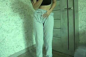 Petite girl is desperate to pee and she does it in the morning