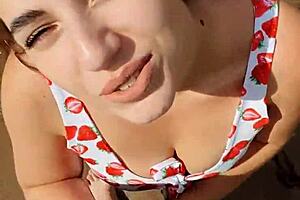 Beautiful teen 18+ gives close-up blowjob on the river