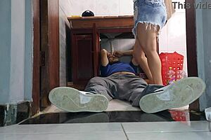 Housewife in skirt takes bareback from neighbor plumber