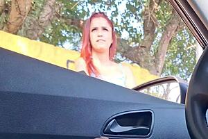 Risky Handjob for Slutty Redhead Student in Public Bus Stop with Skirt and Miniskirt Fetish