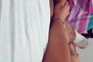 Rich cutie massages neighbor's cock when alone