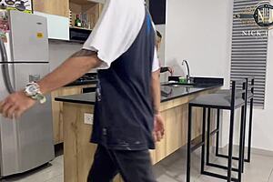 fucked my petite girlfriend hard with huge cock in the kitchen 😍