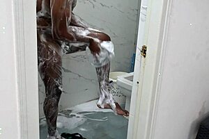 Lucky Asian Boy Showers with Busty Iranian Milf