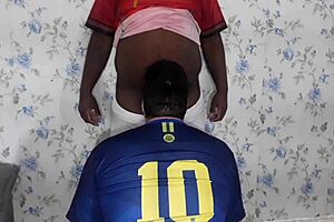 two fat lovers feel excited after football with blowjob and ass fucking