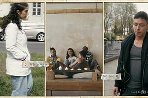 brunette rides hard in interracial double blowjob