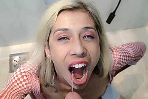 Proud piss slut takes sloppy cumshot on small tits