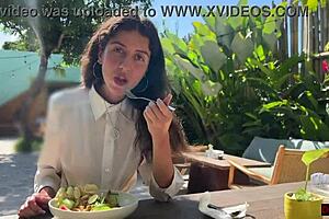 girl feels cum on her face in public cafe, eating lunch anyway.