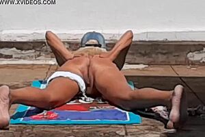 A hot blonde flashes neighbor, then runs away