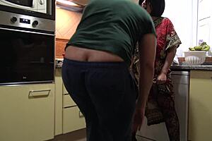 Horny stepmom tells stepson to lick her pussy in the kitchen