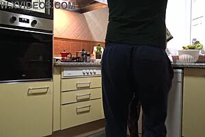 Horny stepmom tells stepson to lick her pussy in the kitchen
