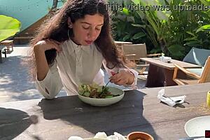 girl feels cum on her face in public cafe, eating lunch anyway.
