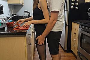 Yo, wanna watch my petite step sister in a black dress get fucked in the kitchen?