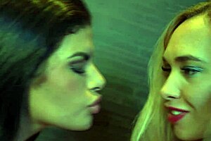 horny blonde and latina lesbians ride huge dildo and rub wet pussies