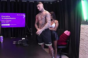 Two brunettes strip him after he shares perfect oral sex tips!