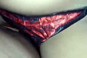 Fucking ebony girlfriend in red panties with condom