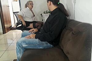 The secretary calmed down the client using her ass for sex