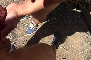 Perverted hairy amateur milf pissing and fucking outdoor with a stranger