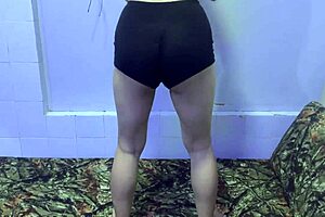 Christmas booty workout with natural wife on bed