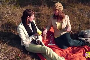 Outdoor Picnic Turns Into Lesbian Strapon Sex!