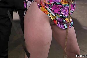 pale slave bound in bizarre bondage takes huge dick