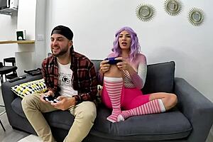 Pamela Mendoza gives a handjob to that huge cock from the gamer boy